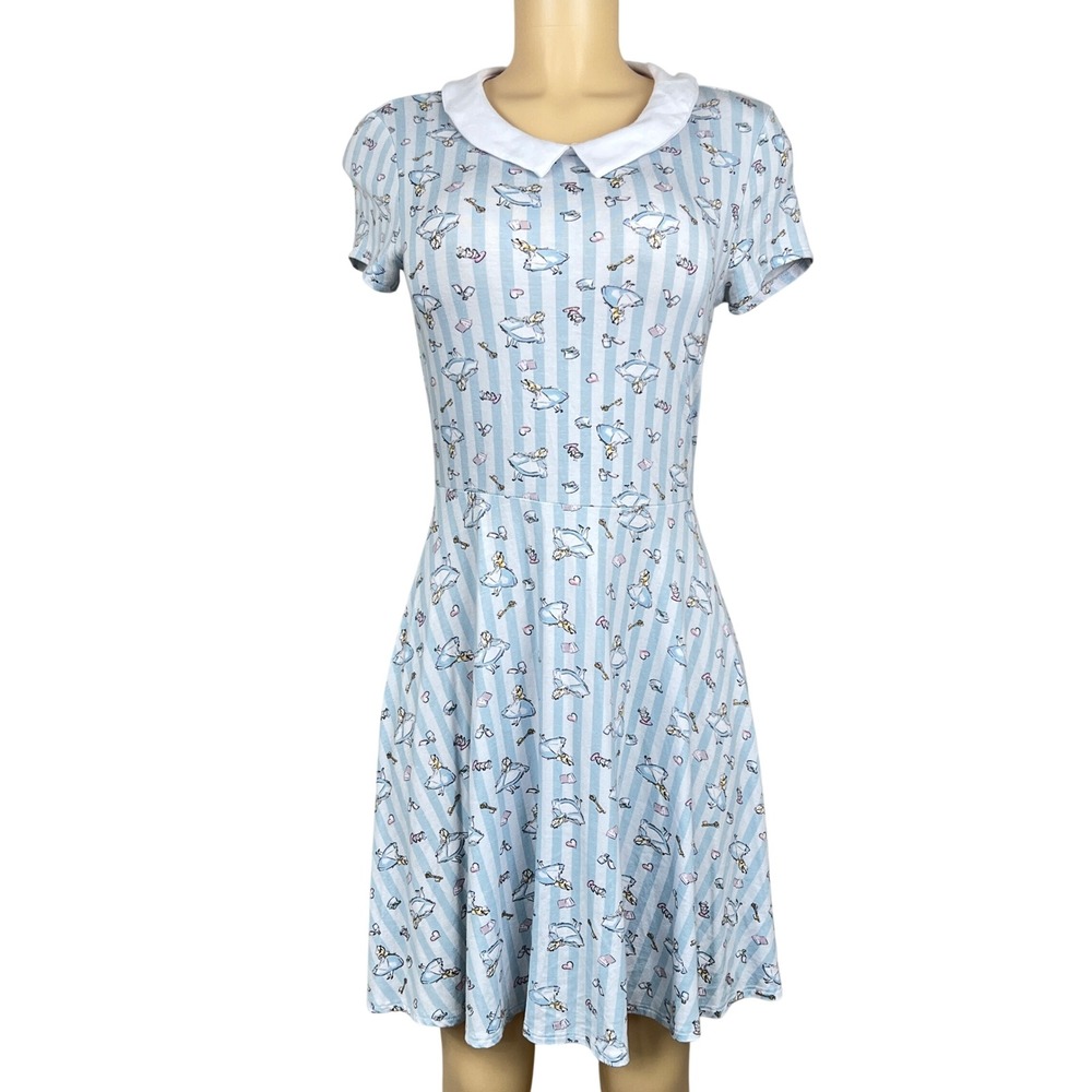 Disney Alice in Wonderland Dress Womens Medium Peter Pan Collar Blue Striped